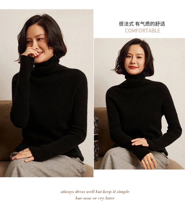 100% cashmere sweater women's knitted pullover sweater high neck solid color slim fit soft cashmere basic women's sweater