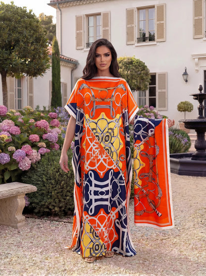 Boho Geometric Print Satin Abaya Scarf Set, Loose Batwing Maxi Kaftan For Muslim Women Summer Daily Holiday Wear