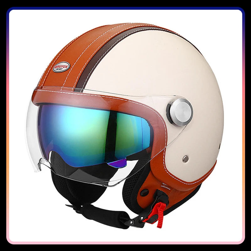 DOT Open Face Motorcycle Helmets Double Visor Retro Jet Helmet Leather Vintage Men Women 3/4 Open Half Helmet with Inner Lens