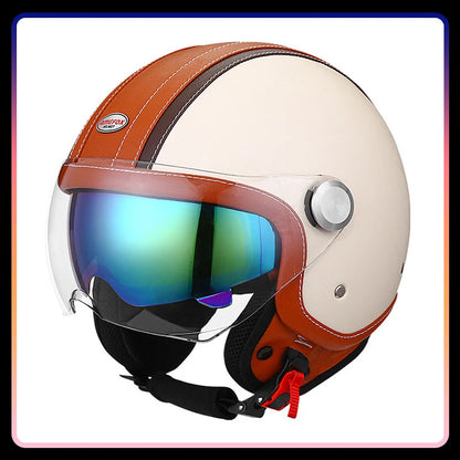 DOT Open Face Motorcycle Helmets Double Visor Retro Jet Helmet Leather Vintage Men Women 3/4 Open Half Helmet with Inner Lens