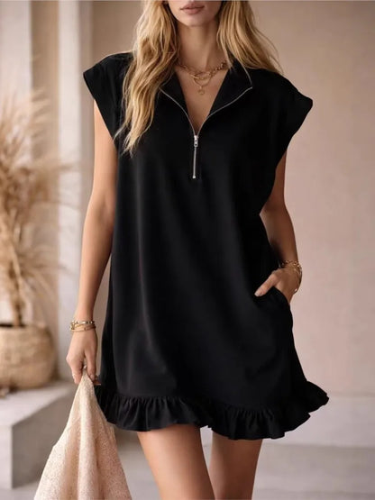 Spring Summer New Sleeveless Pocket Dress Zipper V-neck Ruffled A-line Skirt For Women Fashion Elegant Casual  Holiday Dresses