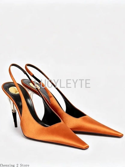 Women Satin Pointed‑Toe Stiletto Pumps with Clear Heel, Elegant Back Strap Dress Heels for Formal Dating Club Occasions