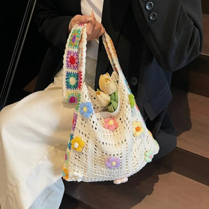 Fashion Large Capacity Women Shoulder Bag Floral Crochet Vintage Handbag Boho Hollow Out Knitted Crossbody Bags
