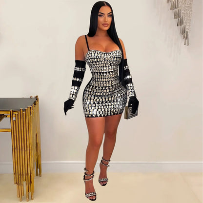 GLCMYAYA Women Diamonds Hot Rhinestones Crystal Spaghetti Strap Birthday Bodycon Midi Dress Sexy Party Even Dresses Vestidos