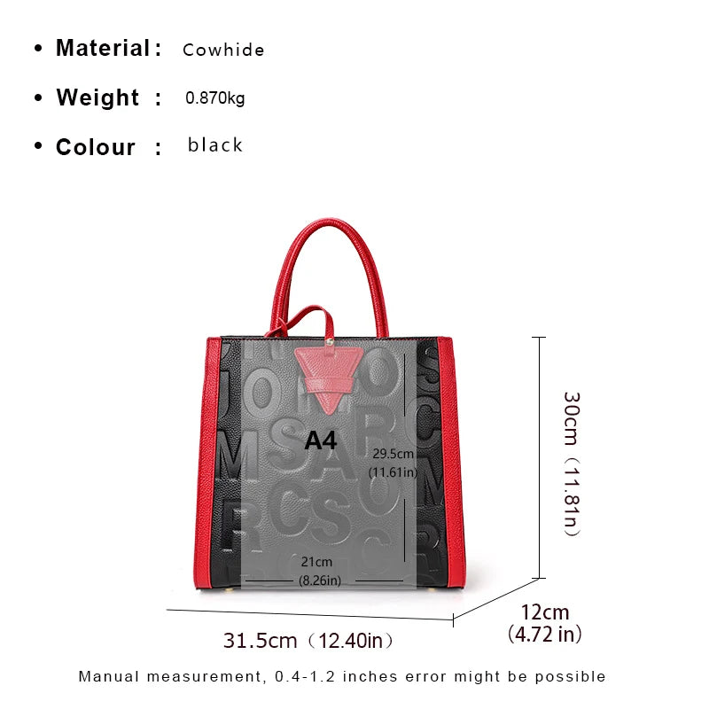 Genuine leather letter printed women's handbag new large capacity contrasting leather crossbody bag