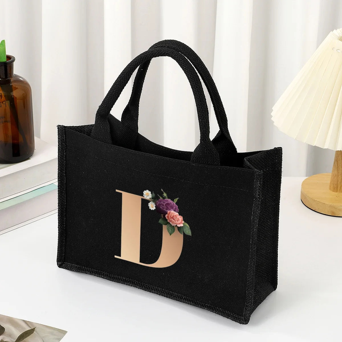 Black hand-held canvas bag, 26 letter printed women's handbag, large capacity portable leisure beach bag, indoor waterproof