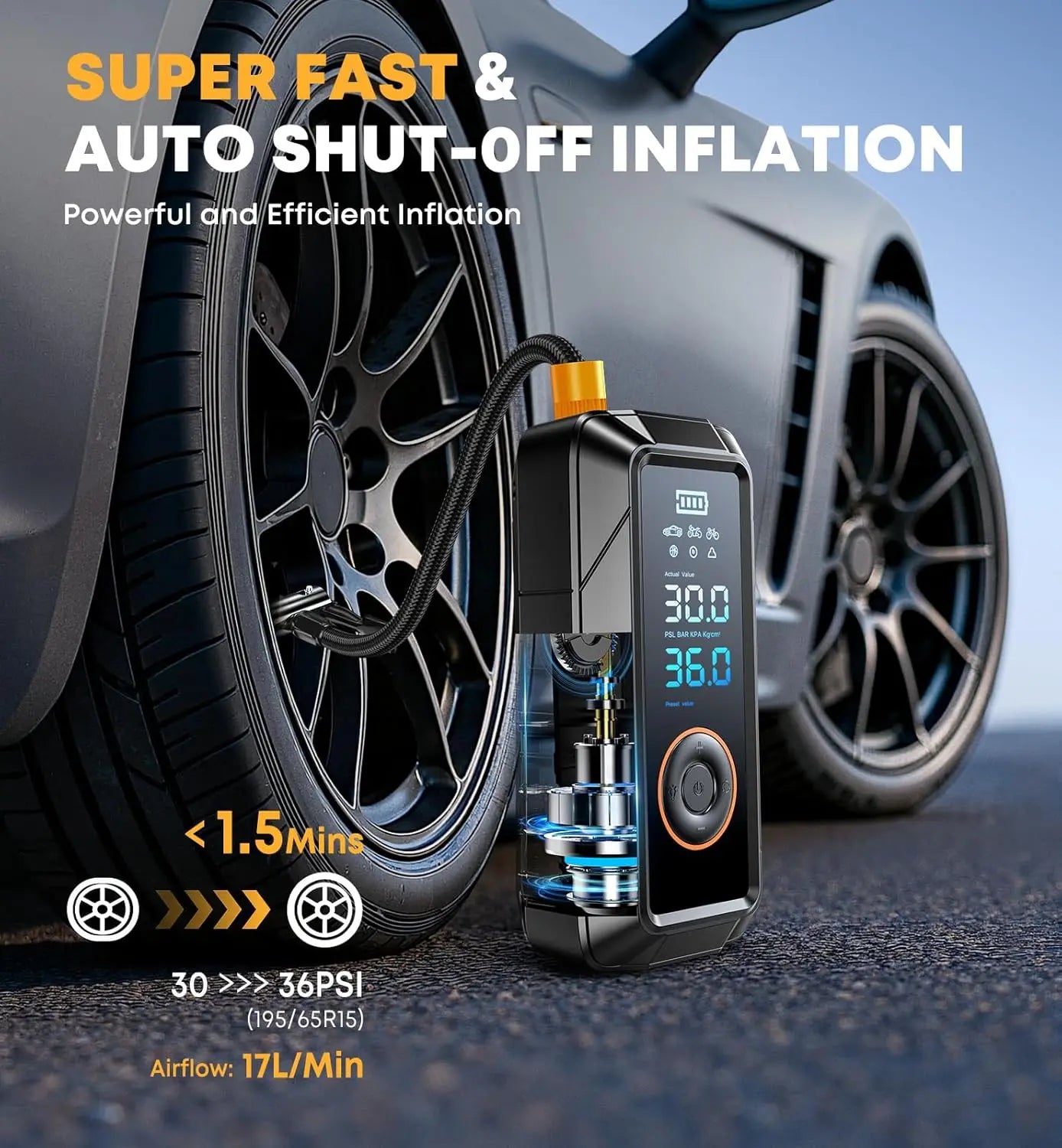 Portable tire inflation pump, wireless 12V DC inflation pump, suitable for car, bicycle, motorcycle tires, balls, etc