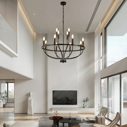 12-Light Black Chandelier Diam 33.46 inch, Farmhouse Industrial Country Style Large Round Pendant Light Fixture for Dining Room