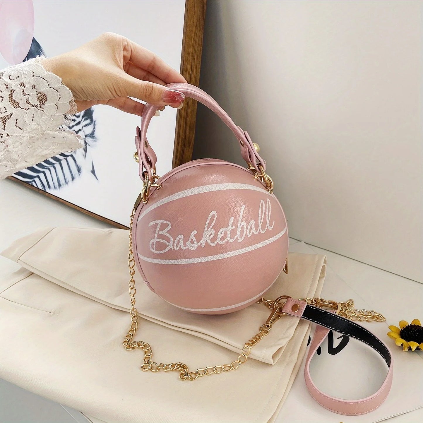 Basketball Shaped Crossbody Bag, Trendy Y2K Chain Shoulder Bag, PU Leather Top Handle Circle Purse Purses and Handbags Hand Bags