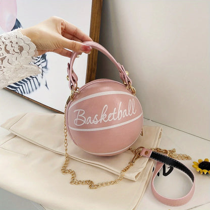 Basketball Shaped Crossbody Bag, Trendy Y2K Chain Shoulder Bag, PU Leather Top Handle Circle Purse Purses and Handbags Hand Bags
