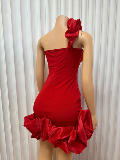 Womens Red Evening Dress Sexy One Shoulder Party Wear Strapless Red Dress Skinny Summer Ruffle Hem Dress Wholesale Dropshipping