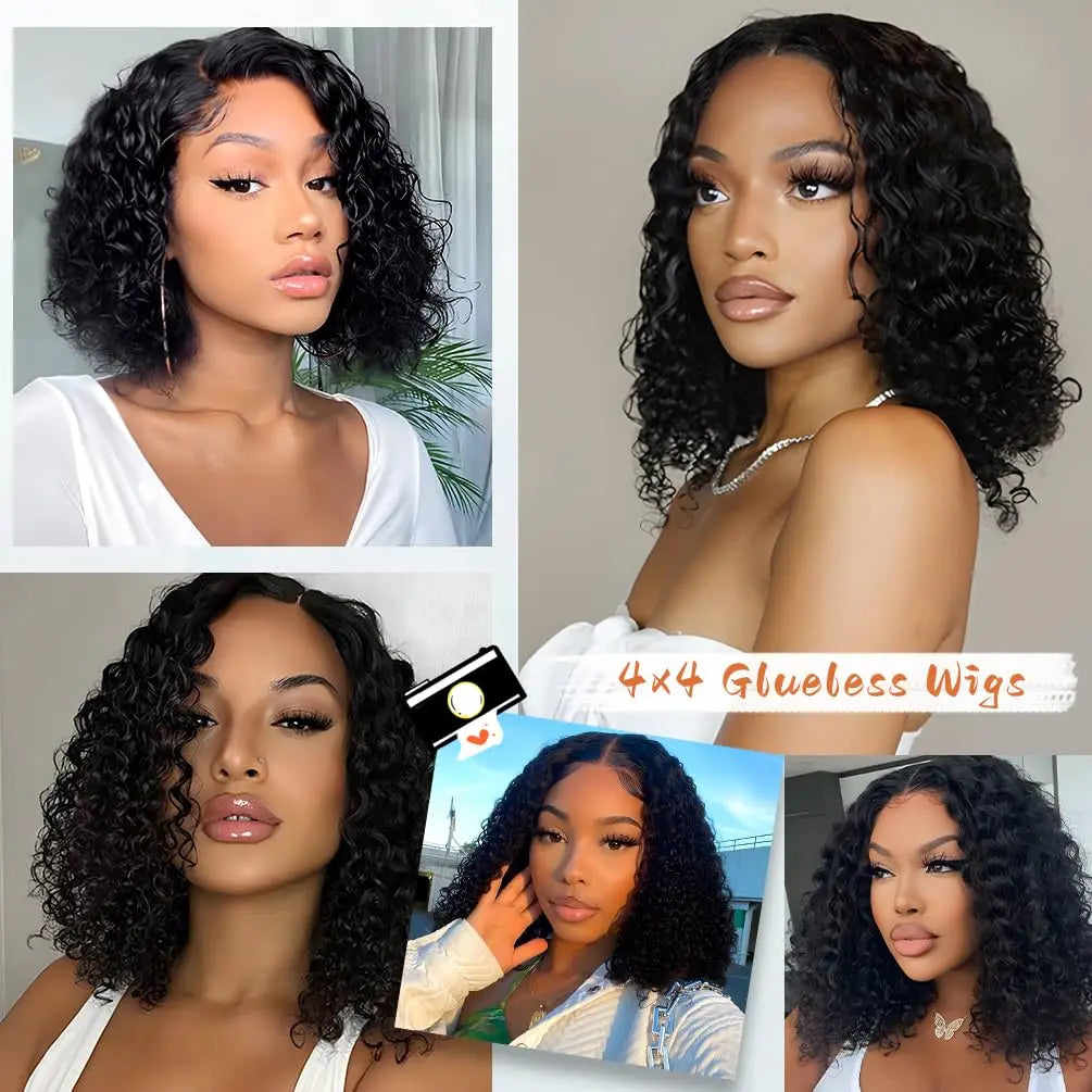 Short Bob Glueless Wigs Deep Wave Glueless Human Hair Ready To Wear 180% Pre Cut Lace 4x4 13x4 Culry Lace Front Human Hair Black