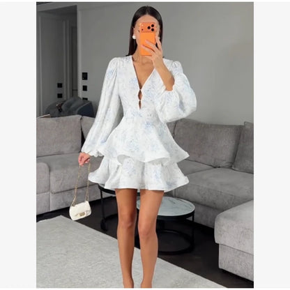 Sexy Deep V-neck Floral Printed  Long Sleeve Women Dress Fashion Waist-cinched Pleated Button-front Vestidos 2026 Daily Outfits