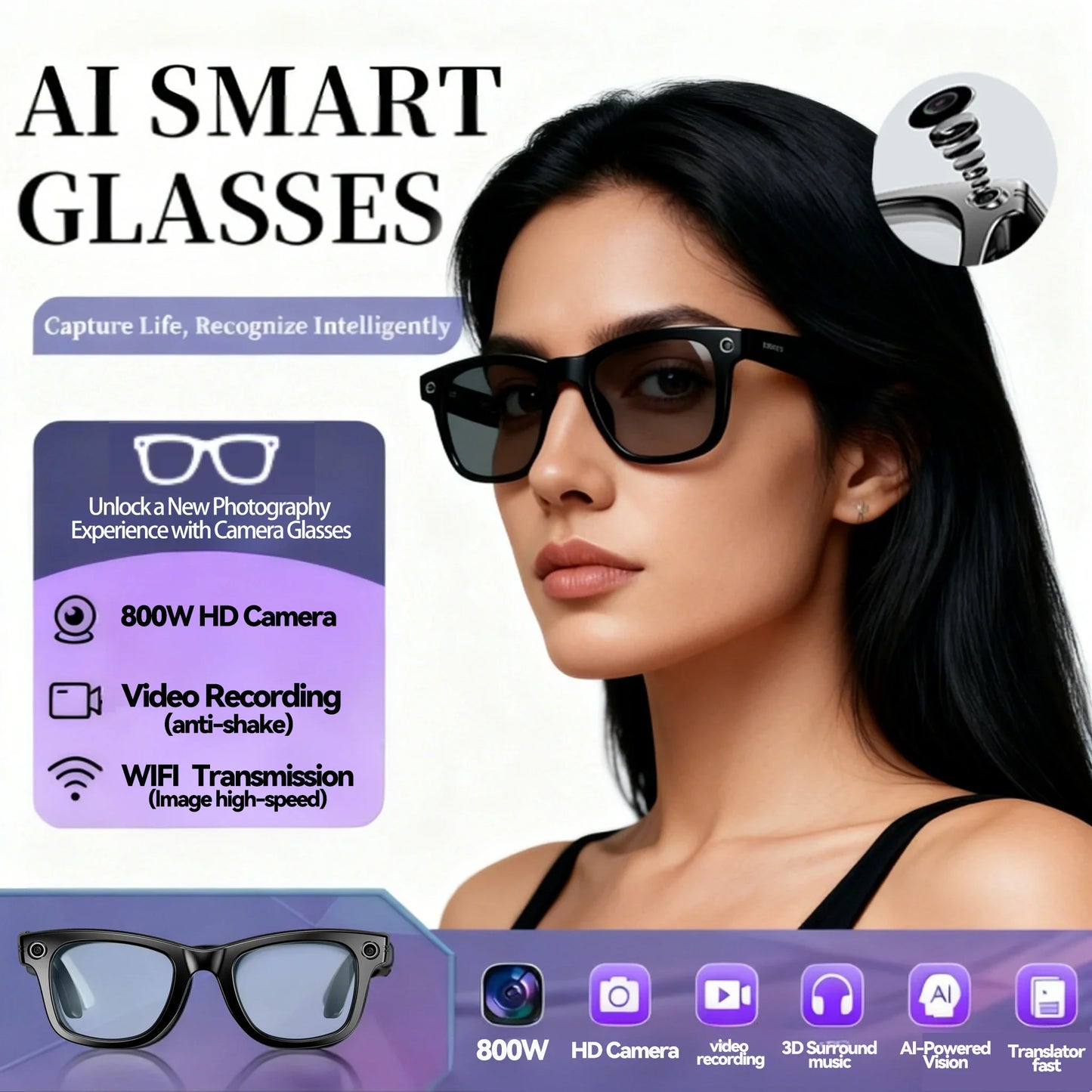 2025 New 800W Camera Glasses Bluetooth Smart Glasses with Camera Voice Call Music Smart Sunglasses Video Sound Record AI Glasses