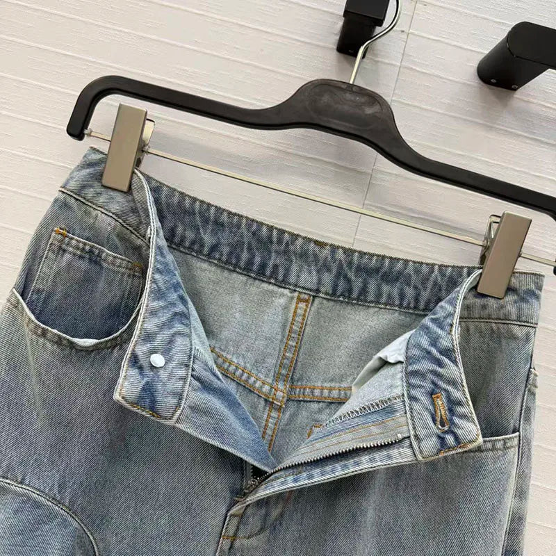 Irregular ruffled denim flared pants for women - high-waisted, loose-fitting, slimming, floor-length pants. 2026 new style.