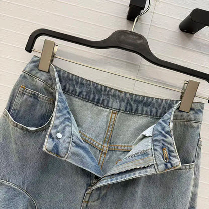 Irregular ruffled denim flared pants for women - high-waisted, loose-fitting, slimming, floor-length pants. 2026 new style.