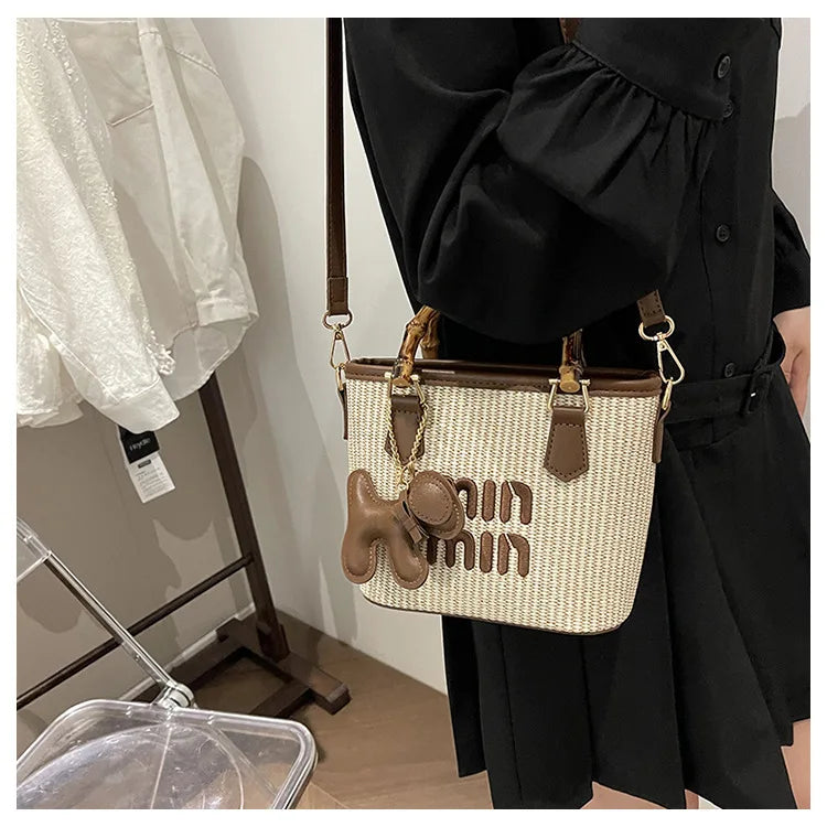 Women's Crossbody Bag Bamboo Fiber Woven Basket Bag Water Bucket Bag Zipper Closure, Versatile for Casual & Formal Occasions