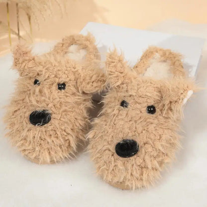 Cartoon Puppy Fluffy Fur Indoor Slippers Women 2025 Winter Thick Bottom Furry Mules Slippers Warm Plush Home Slides for Womon