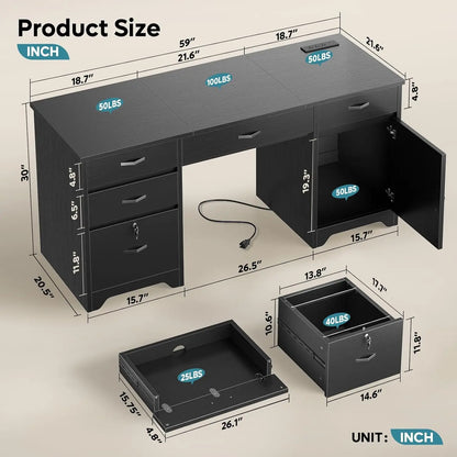 59” Office Desk with Lockable Drawers, Modern Computer Desk with File Drawer, Charging Station & Drop-Front, Customized