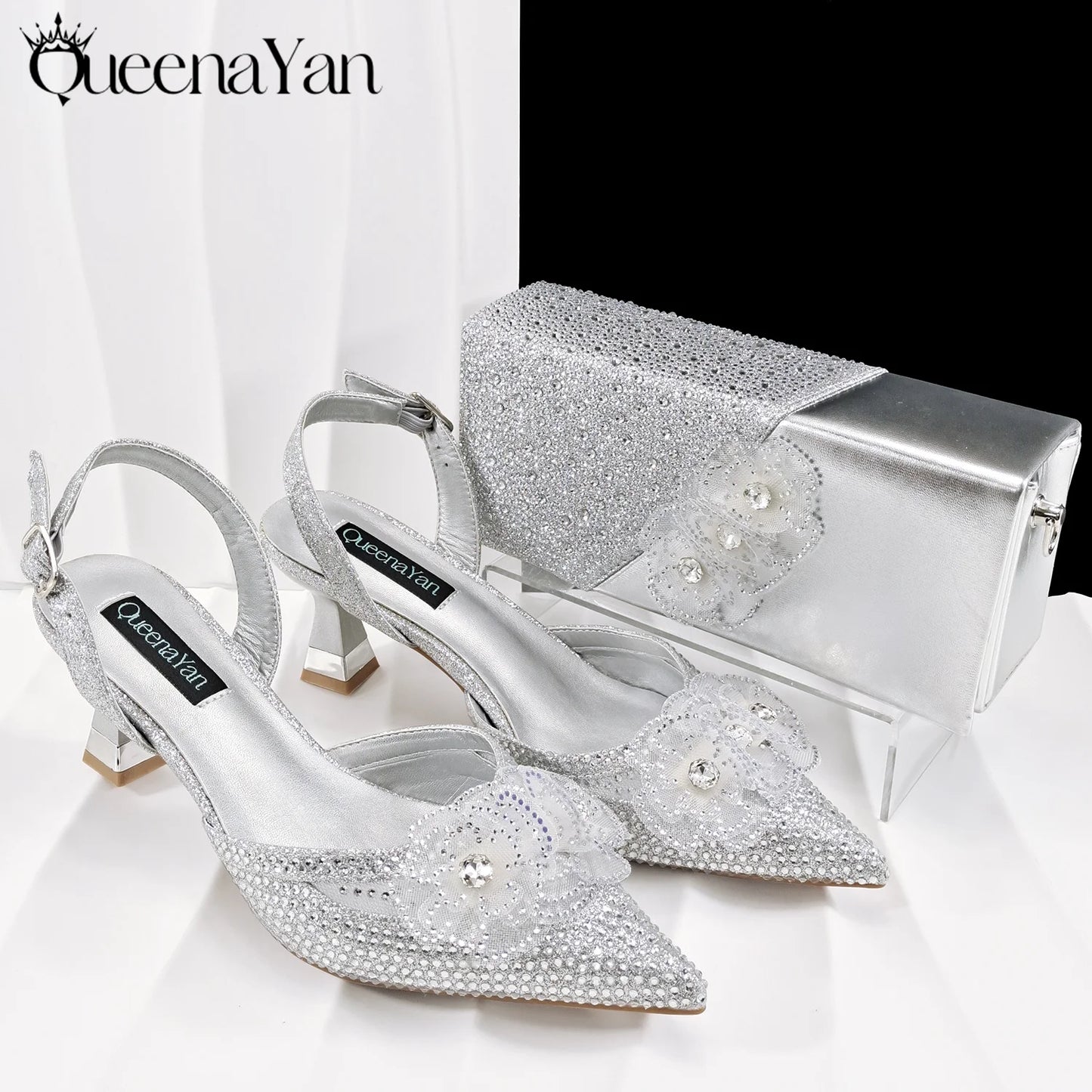 QueenaYan 2026 Elegant Silver Pointed-Toe High Heels Shoes with Diamond Accents & Matching Bag - Ideal for Party Elegance
