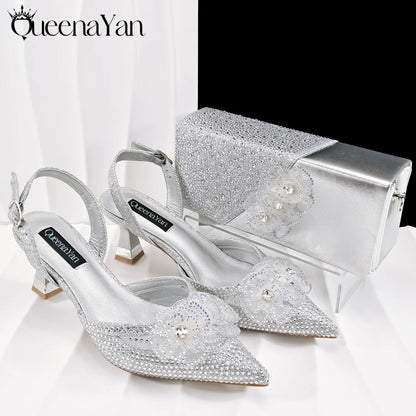 QueenaYan 2026 Elegant Silver Pointed-Toe High Heels Shoes with Diamond Accents & Matching Bag - Ideal for Party Elegance