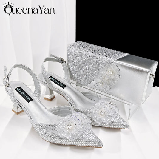 QueenaYan 2026 Elegant Silver Pointed-Toe High Heels Shoes with Diamond Accents & Matching Bag - Ideal for Party Elegance