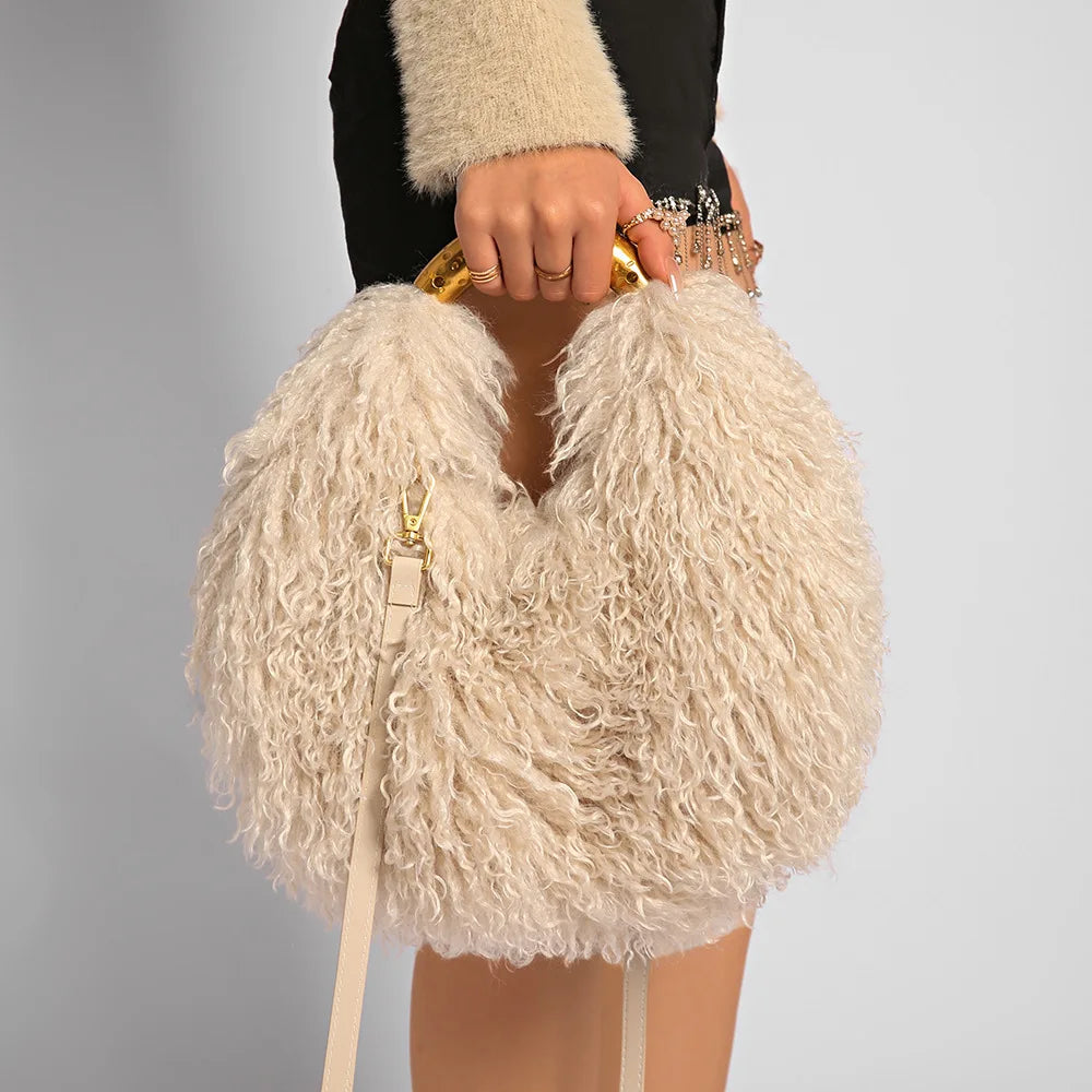 Spice Girl Solid Color Plush Women's Shoulder Bags Exquisite Handle Female Handbag Casual Versatile Furry Ladies Messenger Bag