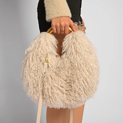 Spice Girl Solid Color Plush Women's Shoulder Bags Exquisite Handle Female Handbag Casual Versatile Furry Ladies Messenger Bag