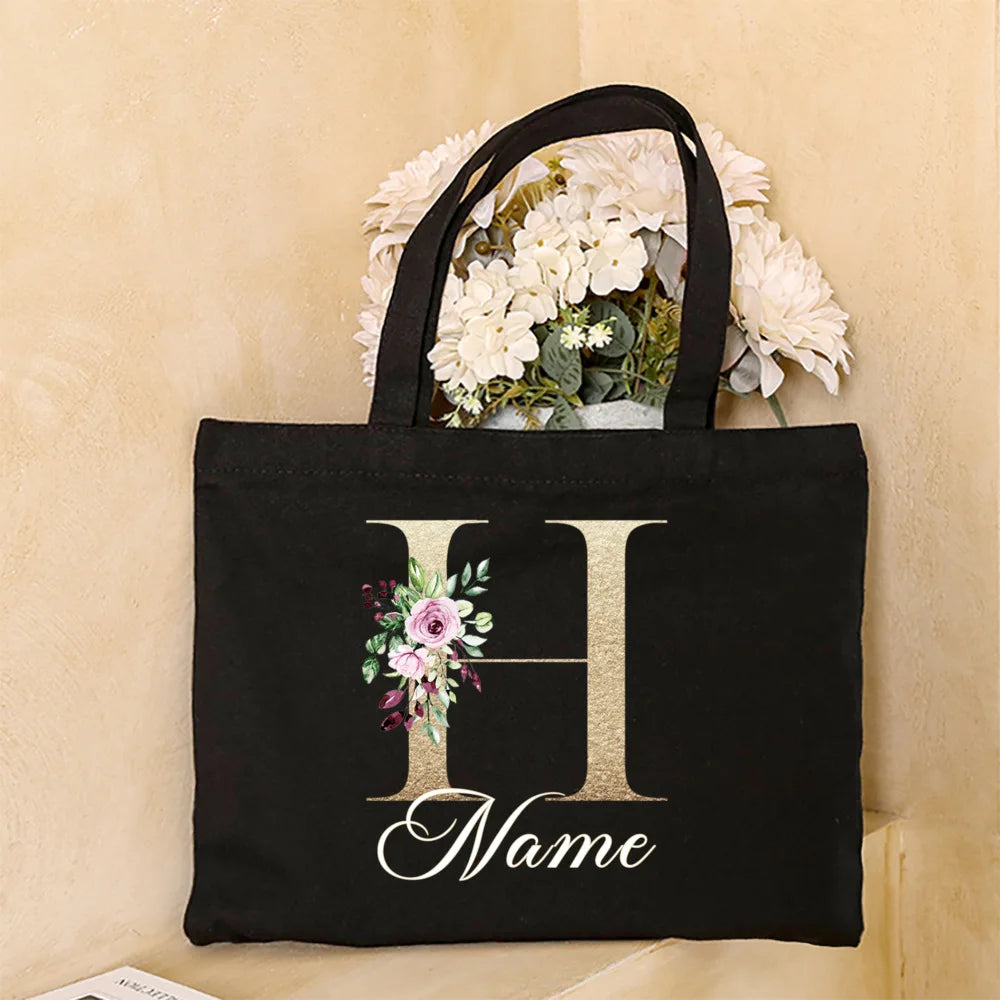 Personalized Initial with Name Tote Bag Women Canvas Shoulder Bags Monogram Shopping Bag Handbags Birthday Wedding Gifts for Her