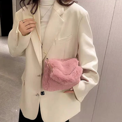 Plush Faux Fur Tote Bag for Women Winter Shoulder Bag Casual Fluffy Crossbody Bags Fashion Chain Handbag Girls Soft Purse