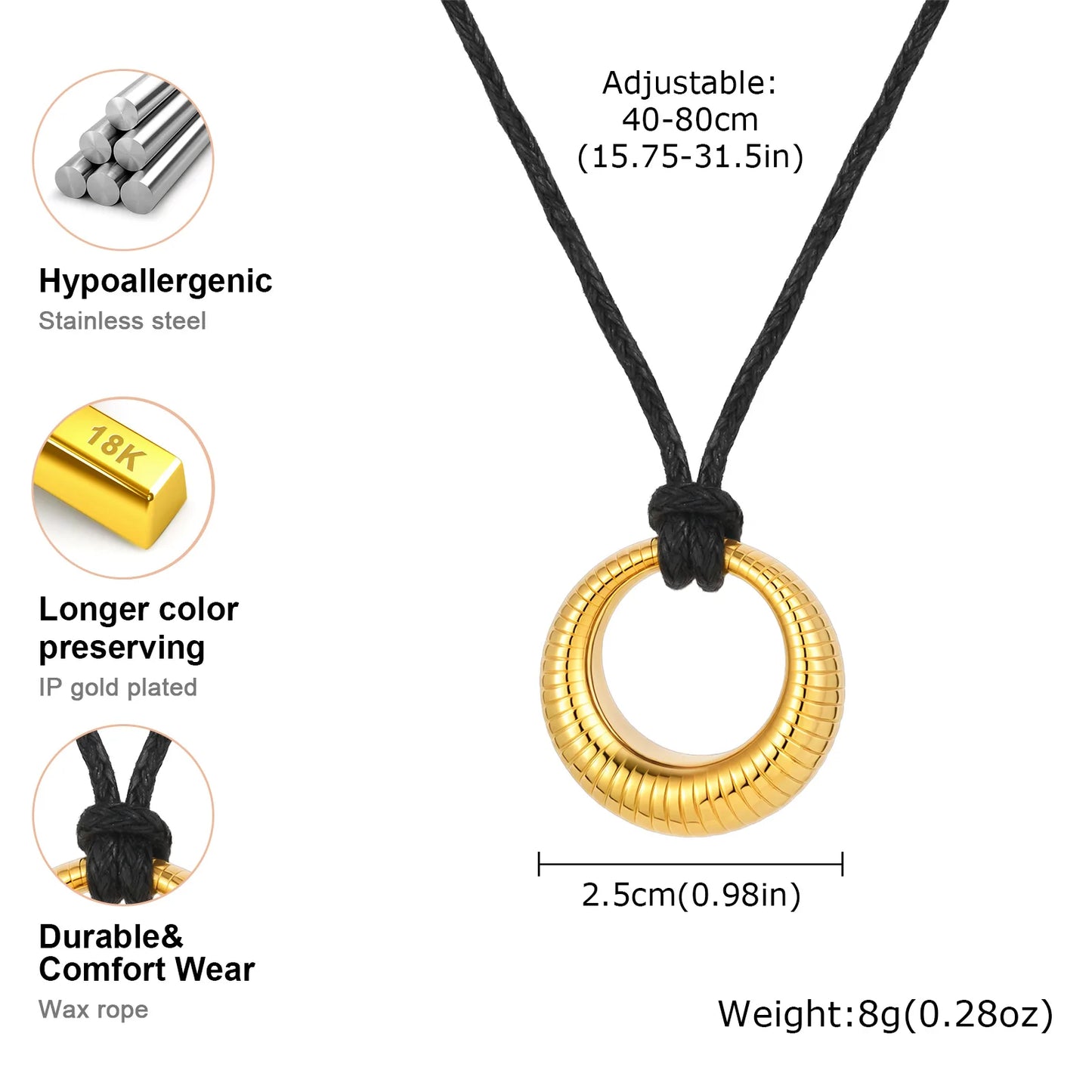 Stainless Steel Hollow Circle Pendant Necklace for Women,Black Rope Chain Necklaces,Trend Stylish Jewelry Gift