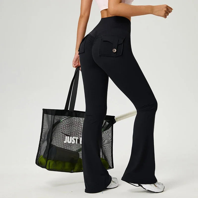 Women's Flared Pants Yoga Leggings Bell-bottoms Tight Elastic Breathable Sports Pants Back Waist Pockets Womens Clothing