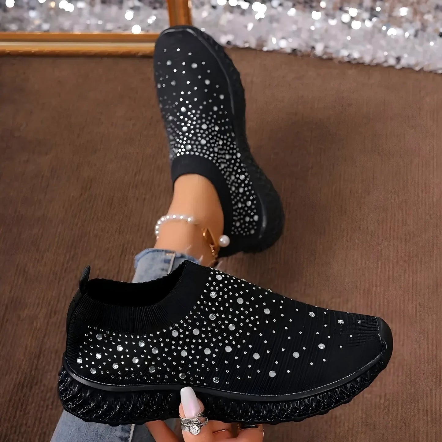 Shiny Crystal Black Women Sneakers Breathable Knitted Non Slip Casual Walking Shoes Woman Comfortable Soft Bottom Loafers Flats