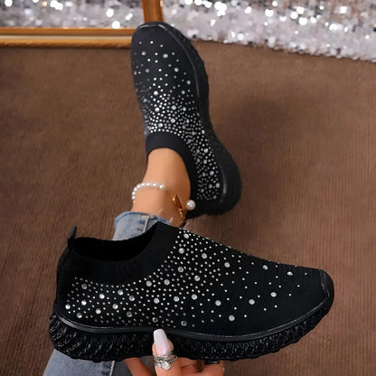 Shiny Crystal Black Women Sneakers Breathable Knitted Non Slip Casual Walking Shoes Woman Comfortable Soft Bottom Loafers Flats