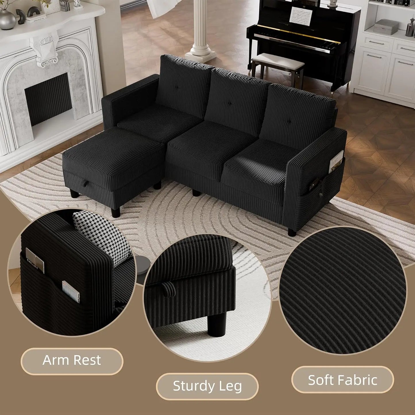 Convertible Sectional Couches for Living Room, L-Shaped Couch 3 Seat Sectional Sofa Set with Corduroy Fabric , Customized