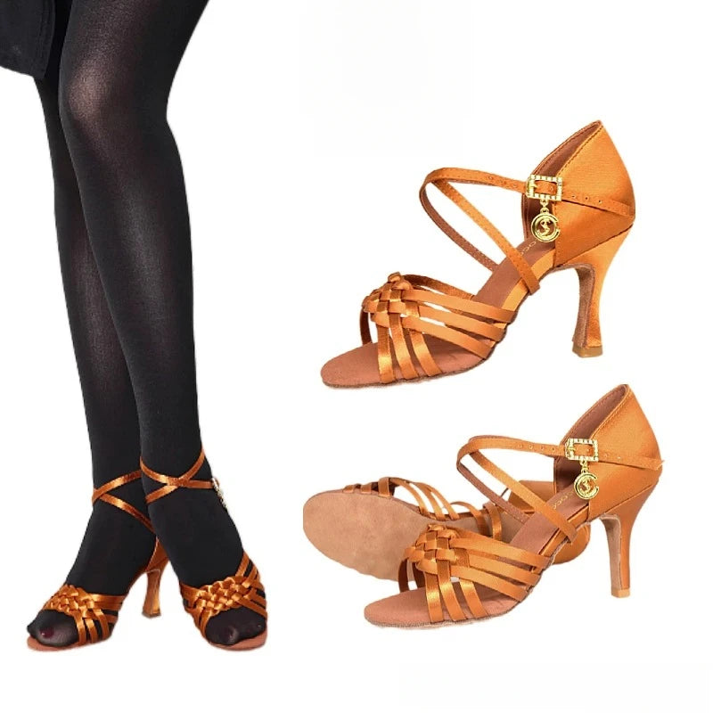 SW Latin Dance Premium Elegant Professional Women's Medium High Heel Soft Sole Ballroom Competition Dance Shoes for Practice