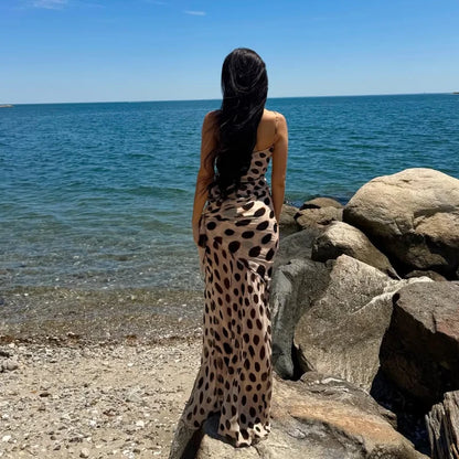 Sexy Leopard Print Women's Summer Dress Y2k Sleeveless Waist Cinching Strap Dresses With Scarf New Casual Beach Party Robe 2026