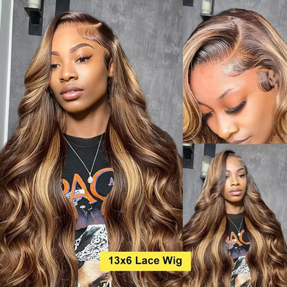 180 200 Density Remy Human Hair Body Wave Wigs P4/27 Highlight Colored 13x4 13x6 HD TranspatentLace Frontal 18-46 Inch Remy Hair