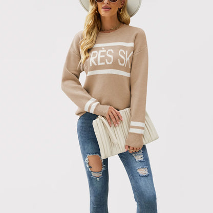 Women's Autumn and Winter New Crew-neck Monogram Jacquard Patchwork Pullover Sweater, Fashion Casual Spell Color Knit Sweater