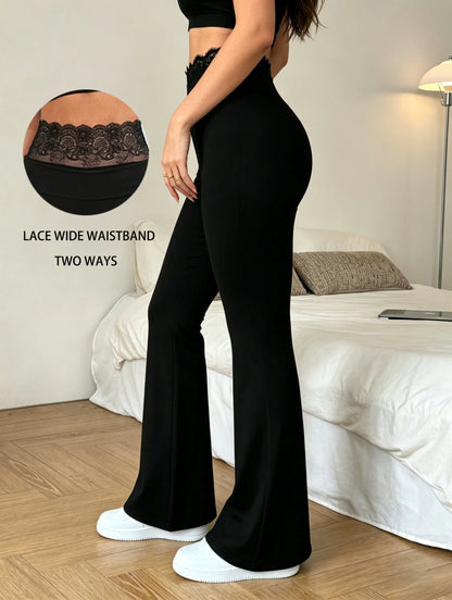 Ladies' lace flared trousers with wide waist design are intellectual, elegant, simple, fashionable, casual and versatile.