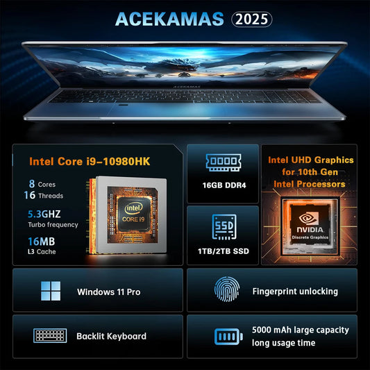 ACEKAMAS 15.6" Portable Gaming Laptop intel Core i9 10980HK IPS Windows 11 Laptops Computer 16GB DDR4 1TB SSD M.2 4K Notebook PC