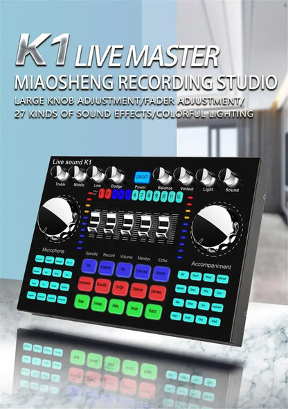 * K1 Live Sound Card Voice Changer Karaoke  Audio Mixer for Broadcast Recording KTV Music Audio Multifunctional Live Sound Card