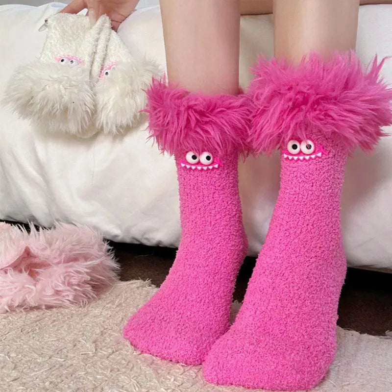 Funny Big Mouth Monster Plush Socks Cute And Fun Plush Socks Thick Coral Velvet Cartoon Sleeping Socks Winter Women Socks Gifts