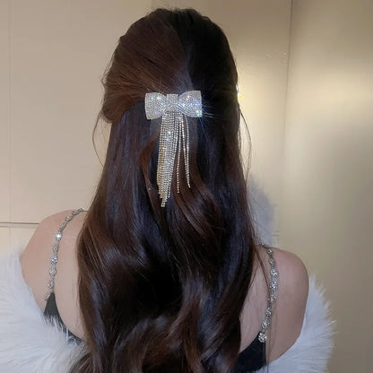 Rhinestone Bow Fringe Hairpin for Women Fashion Temperament Hair Clip Korean Light Luxury Hair Accessories Gold Silver Color