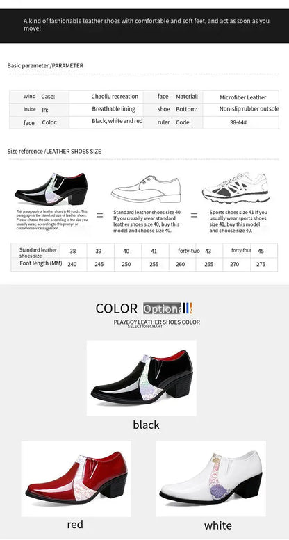 Black Pu Leather Business Dress High Heel Men's Shoes Pointed Toe Slip-on Elegant Party Wedding Shoes Thick Bottom Plus Size