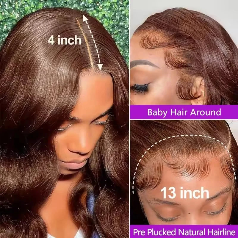 Chocolate Brown 13x4 Lace Front Wig Brazilian Pre Plucked 13x4 HD Lace Frontal Wigs Dark Brown Body Wave Human Hair Closure Wigs