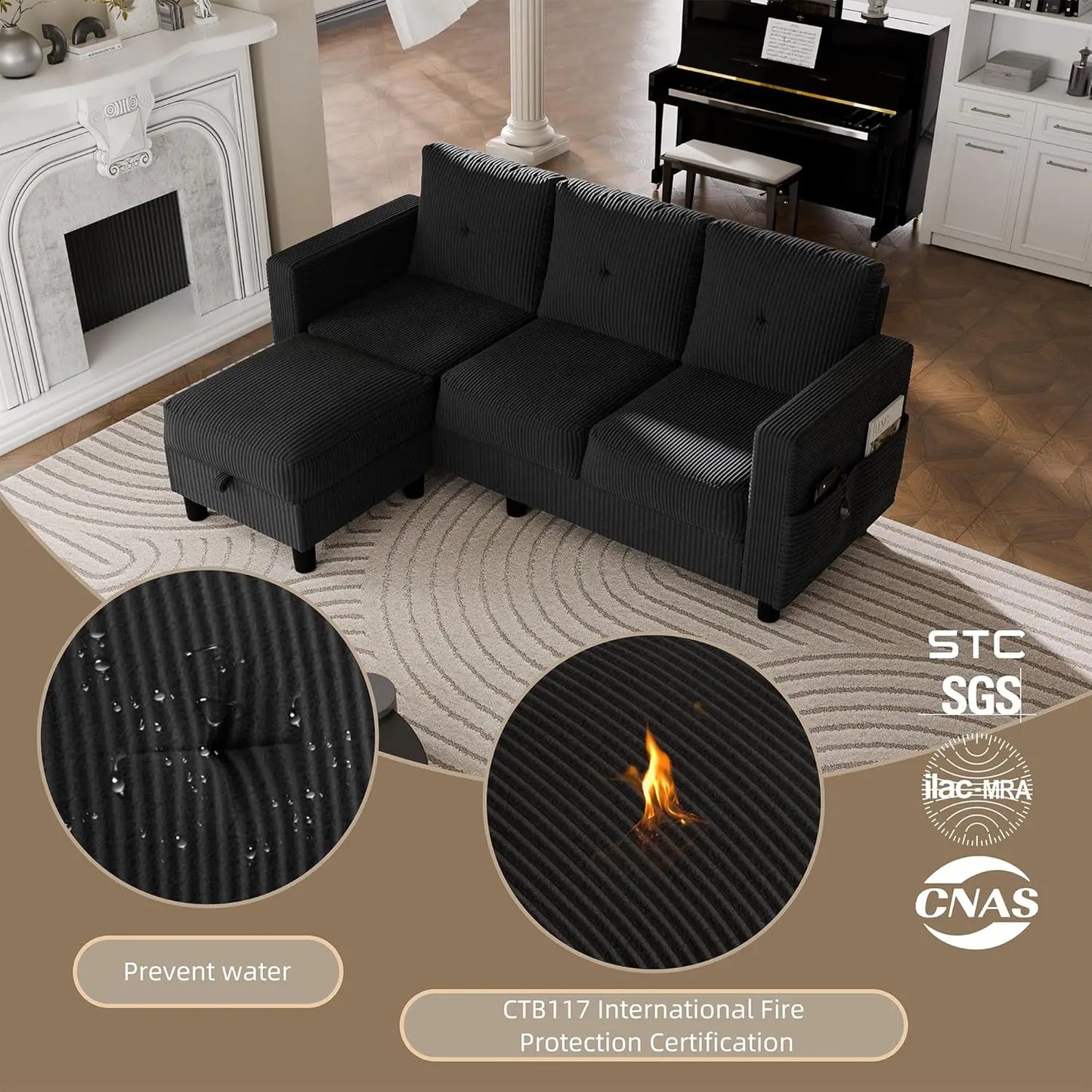 Convertible Sectional Couches for Living Room, L-Shaped Couch 3 Seat Sectional Sofa Set with Corduroy Fabric , Customized