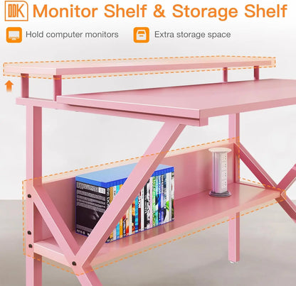 27.5 Inch Small Desk with Storage, Kids Study Table for Small Spaces, Pink Computer Desk with Monitor Stand