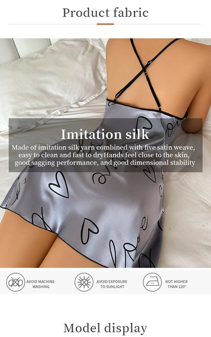 Heart Print Nightdress Elegant Scoop Neck Criss Cross Back Sleep Dress Women's Sleepwear