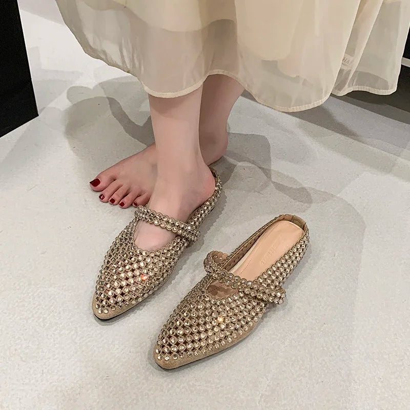 Crystal Women's Pointed Toe Slippers Luxury Flats Sandals Casual Mules Shoes Cozy New Trend Slides Fashion Dress Mujer Zapatos